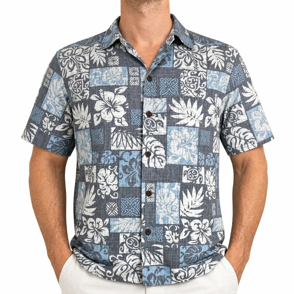 RJC Hawaiian Aloha Shirt Large Floral Turtles Reverse Print Pale Gray Blue